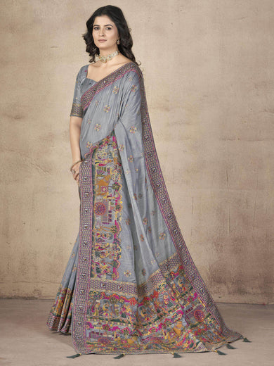 Enchanting Grey Zari Weaving Pashmina Silk Traditional Saree